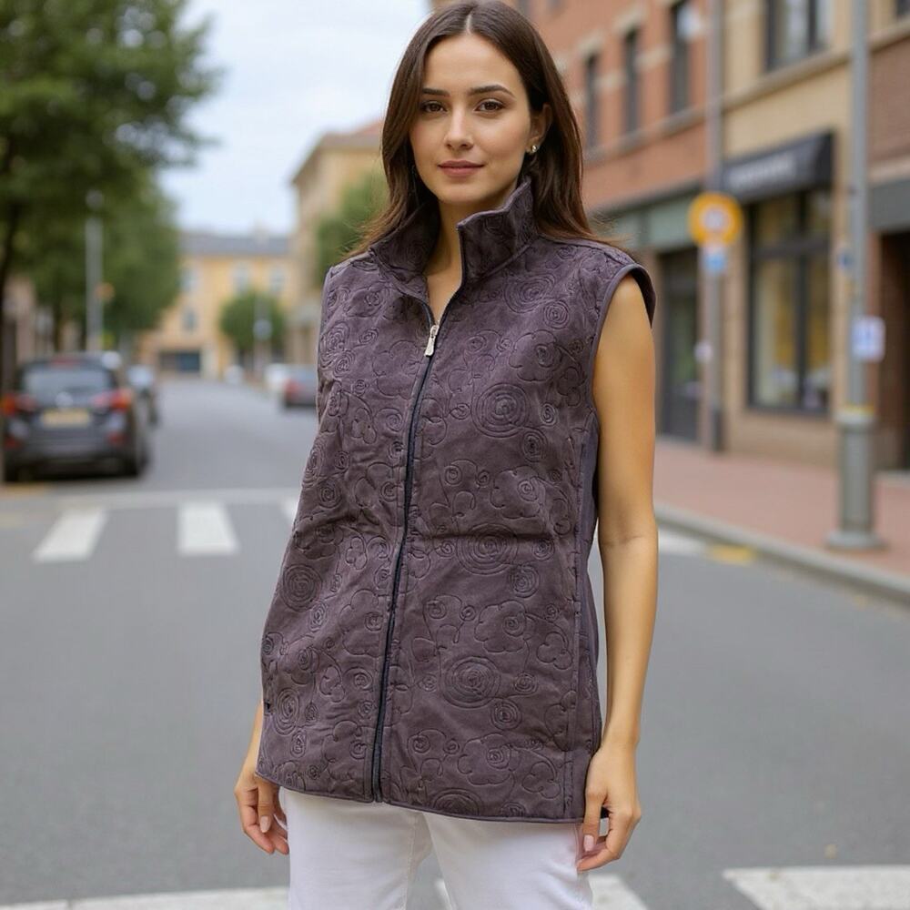 Mandarin Blue Active Women 1X Purple Quilted Velour Collar Vest Full Zip Pocket